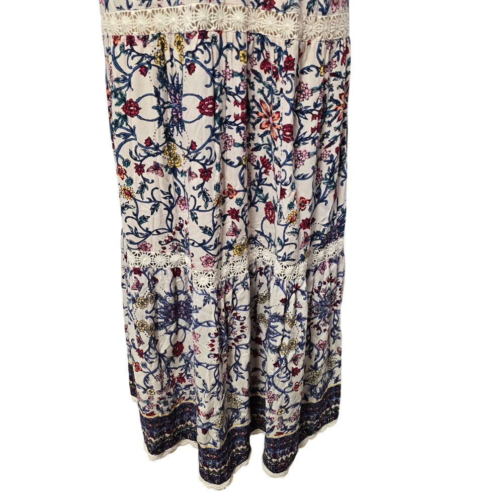 Angie Boho Floral Maxi Dress Medium Smocked Lace Trim Straps Flowy Festival Mix - Picture 5 of 14